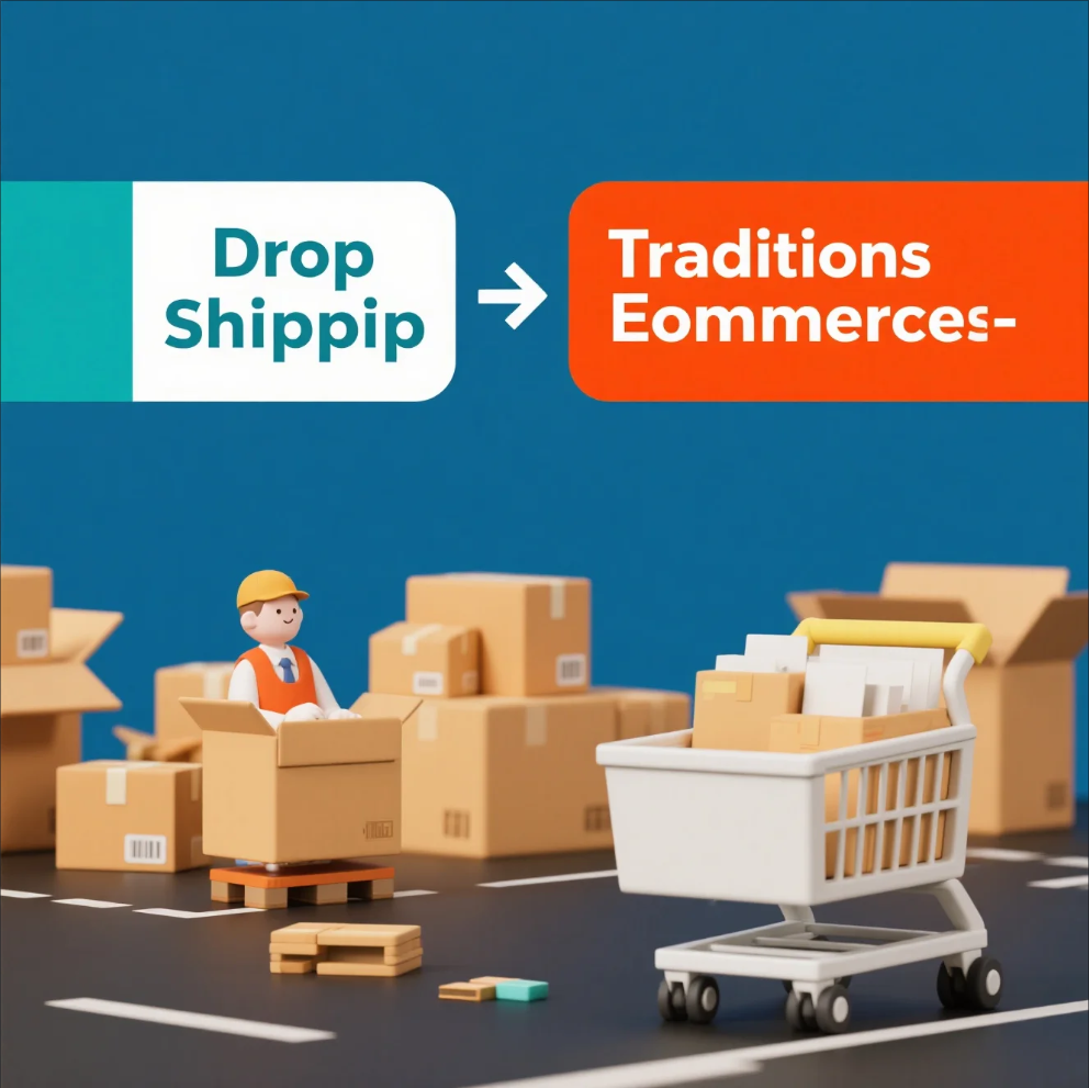 Split-screen concept showing dropshipping (supplier shipping products) vs traditional e-commerce (store owner managing inventory)