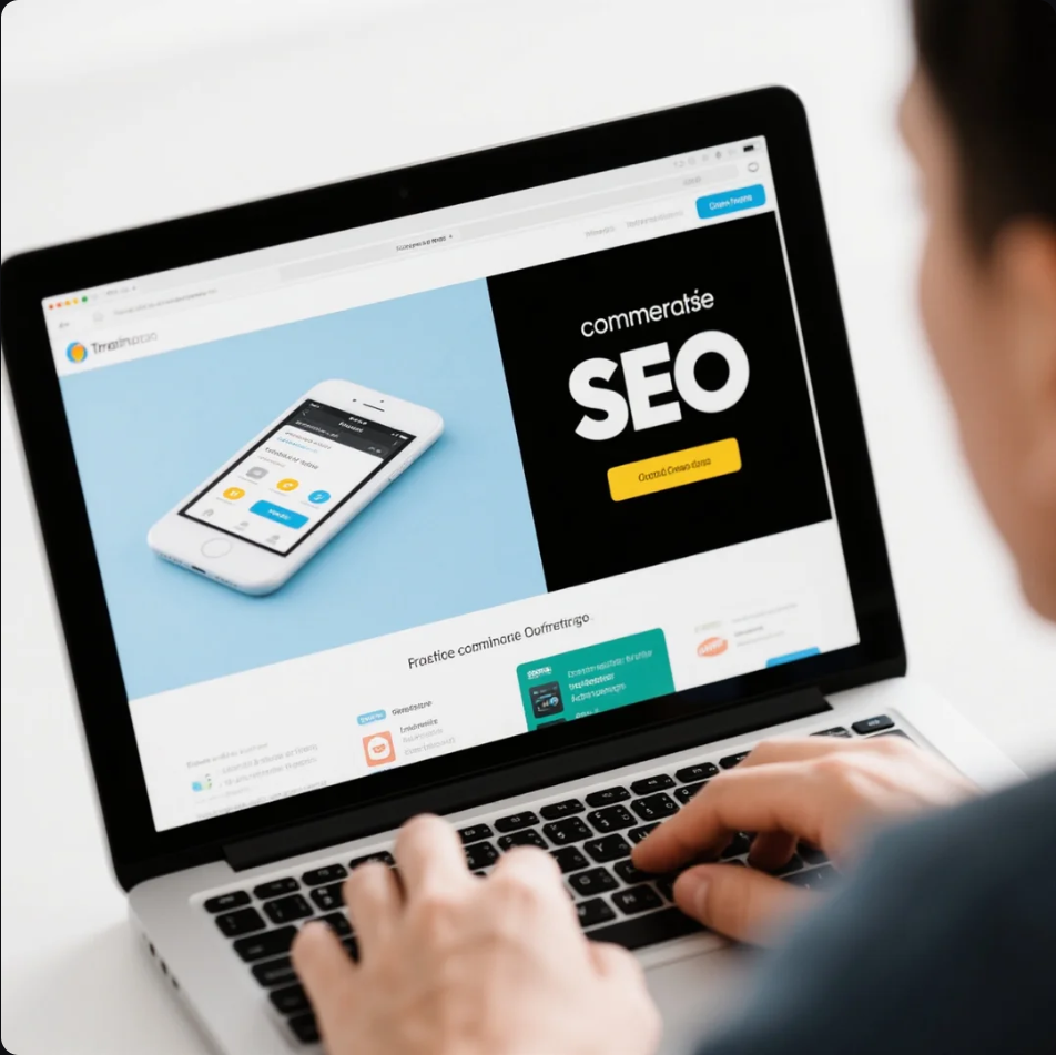 E-commerce SEO optimization with laptop and shopping cart icons