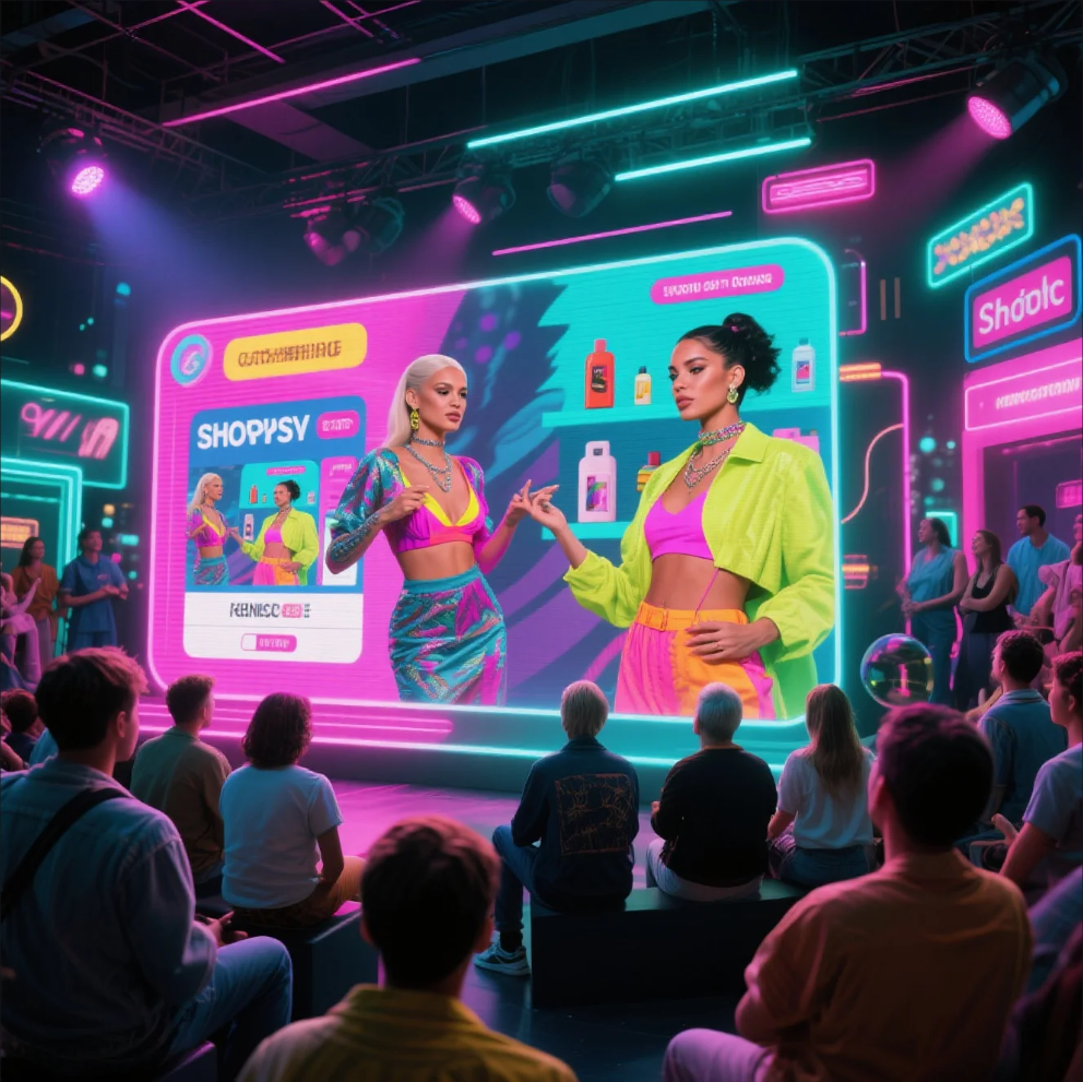Host presenting products in a live shopping stream with viewers engaging