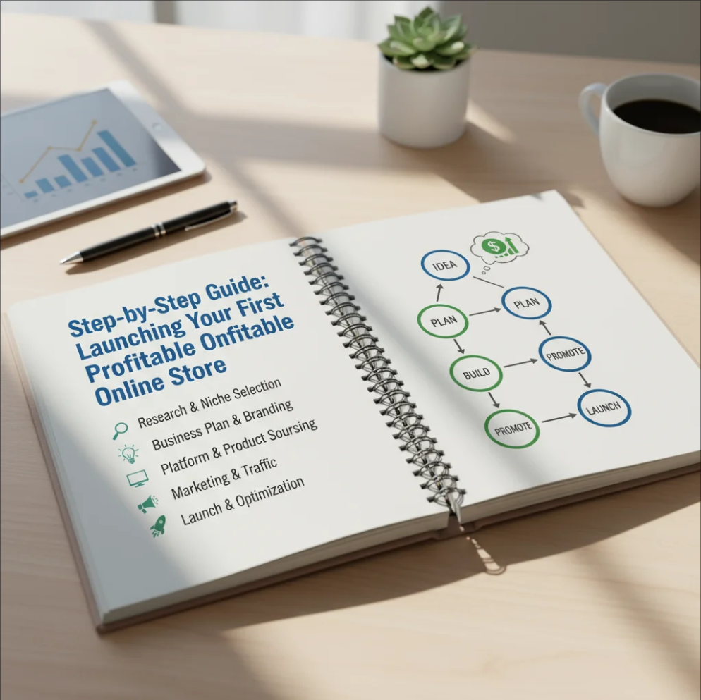 Illustration of setting up an online store with products, shopping cart, and marketing tools
