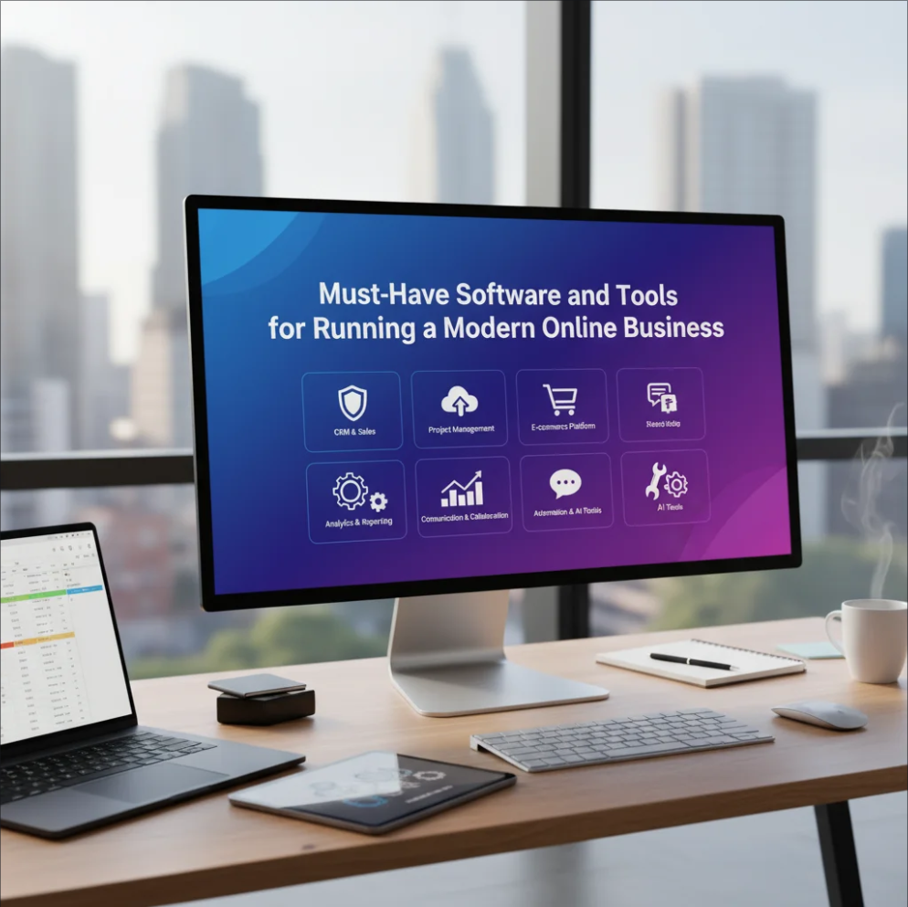 Digital tools and software icons representing essential apps for online businesses