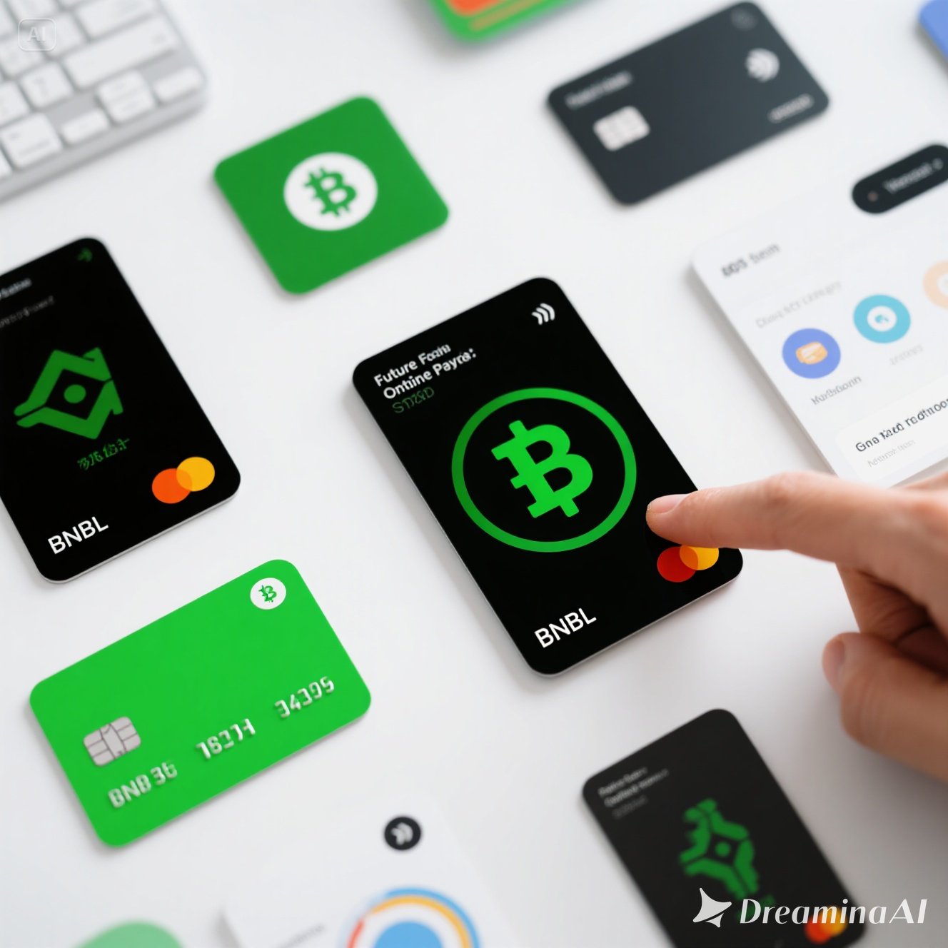 Illustration of online payments with crypto coins, BNPL icons, and digital wallets