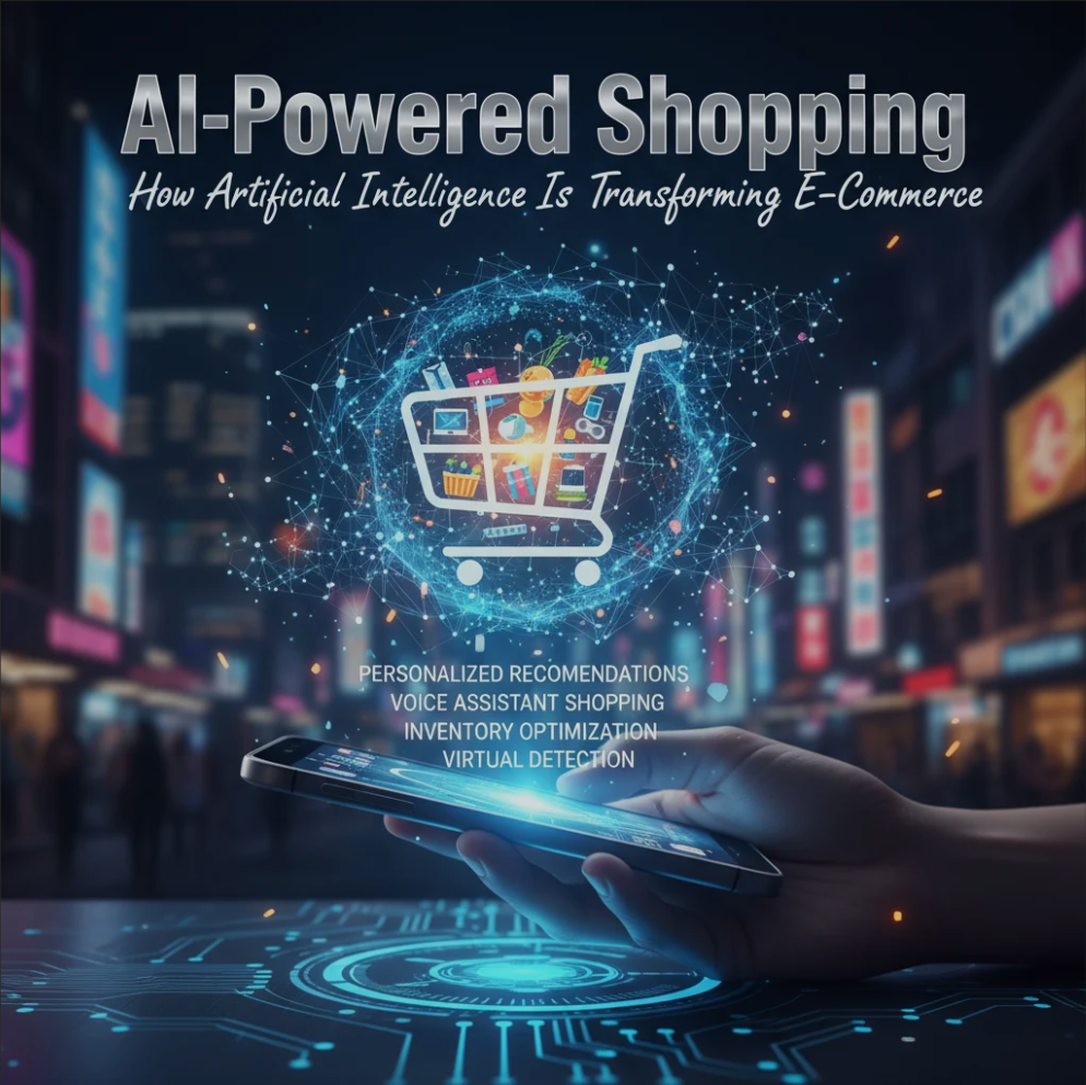 A digital illustration showing a shopper using AI-powered online shopping recommendations on a smartphone surrounded by futuristic retail icons.