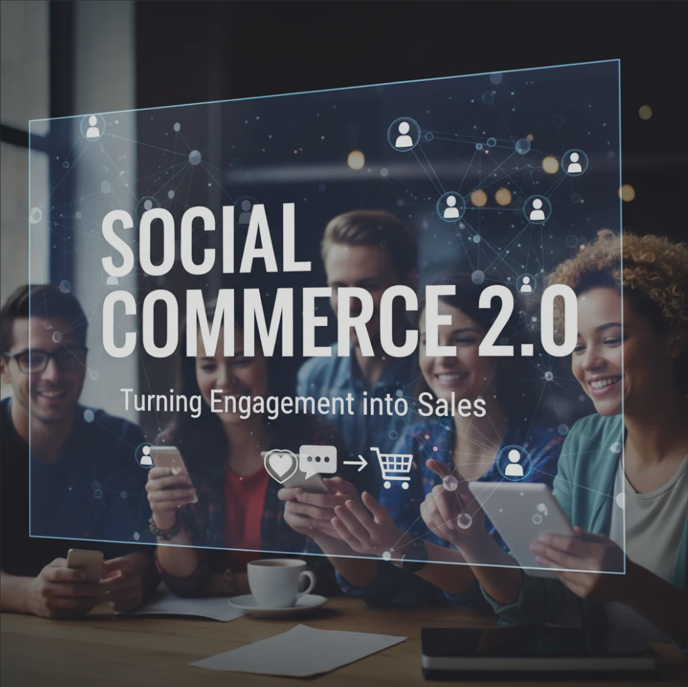 Shopper using smartphone to buy products through a social media app, representing social commerce