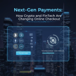 Digital artwork of mobile crypto and fintech payments transforming online checkout