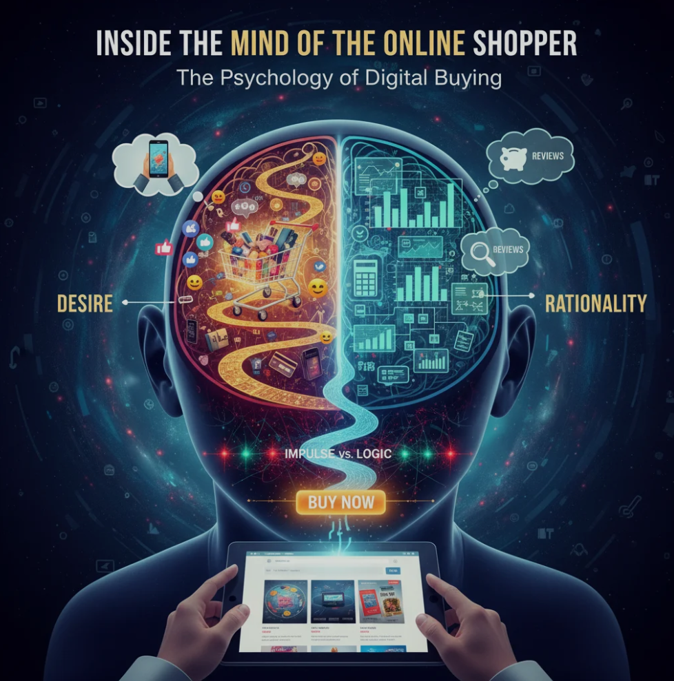 Illustration of online shopper psychology showing consumer behavior and decision-making in e-commerce