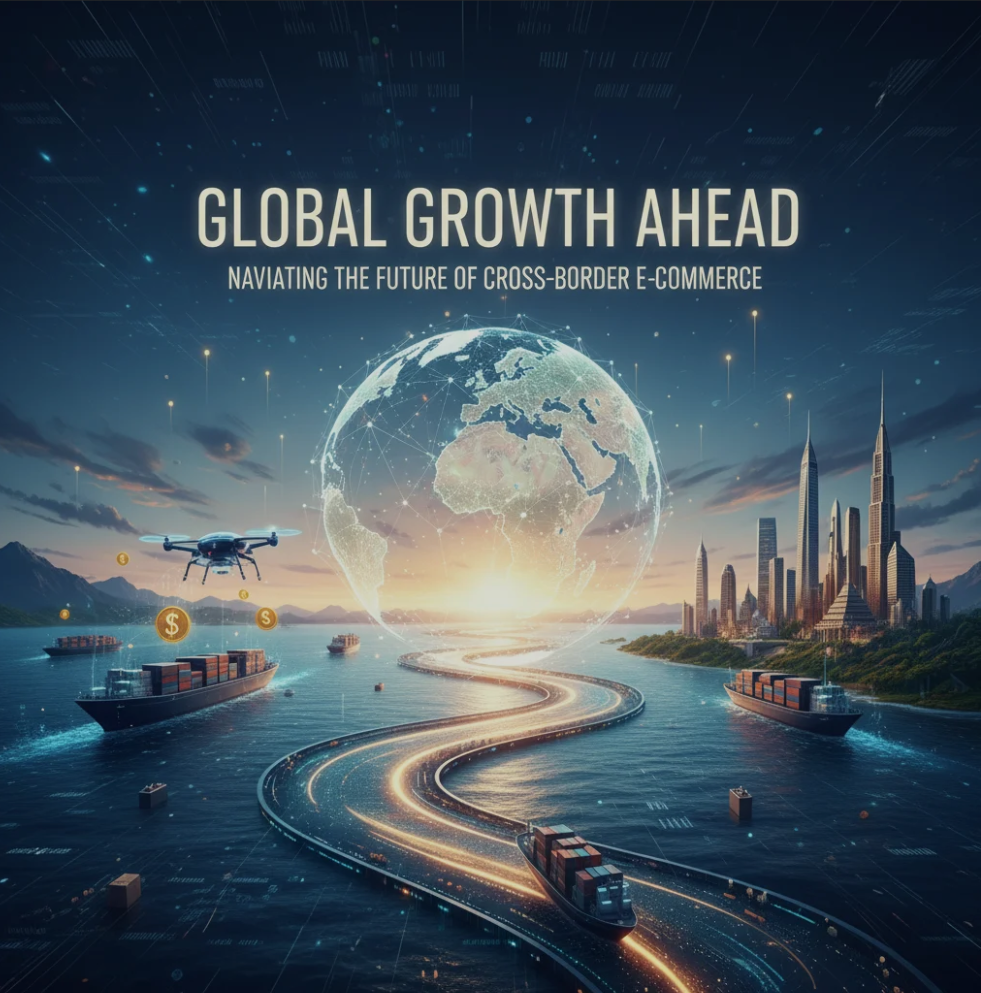 Global e-commerce network illustration showing international shipping and digital connections