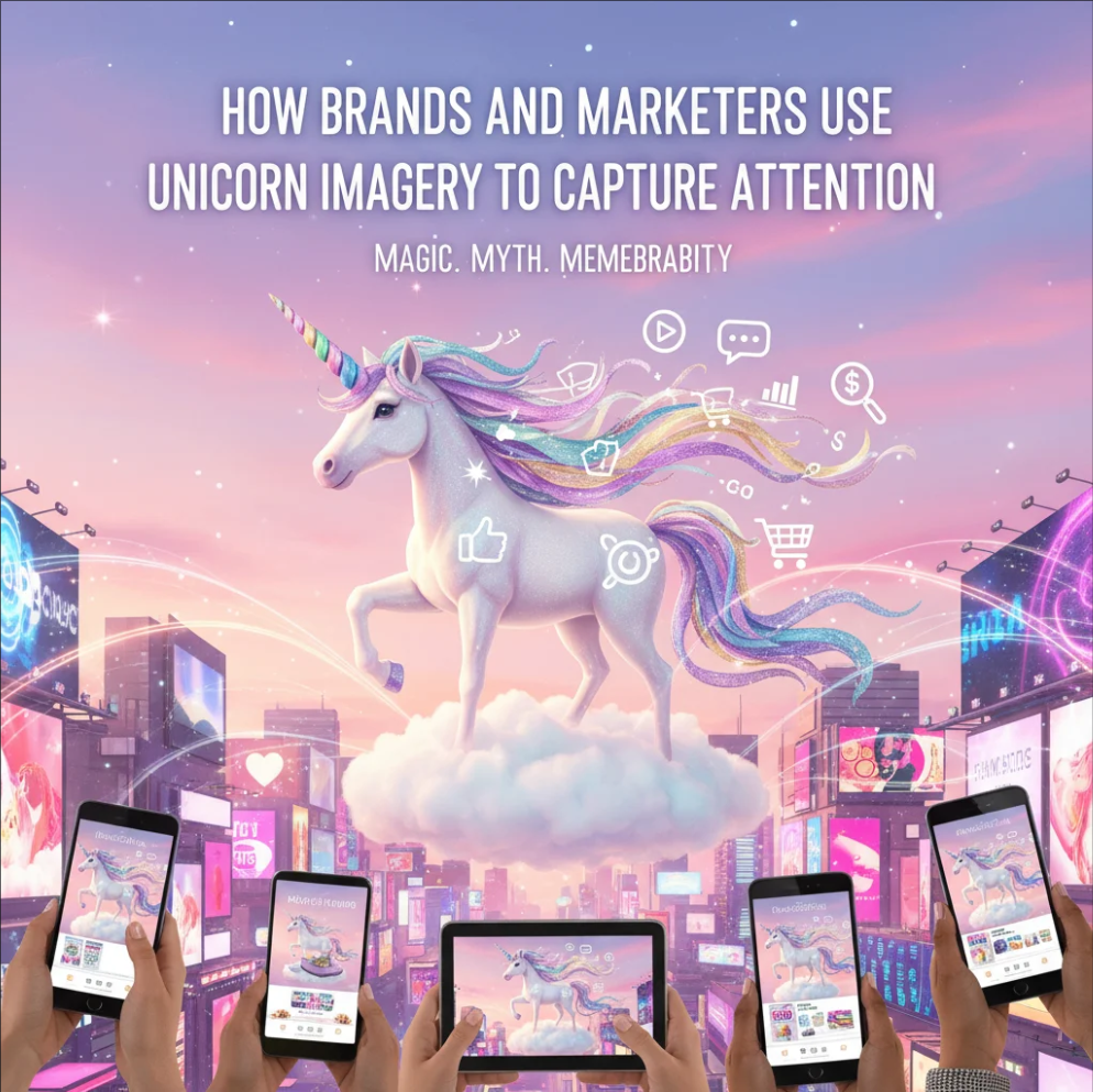 Unicorn imagery used in branding and marketing campaigns to capture attention