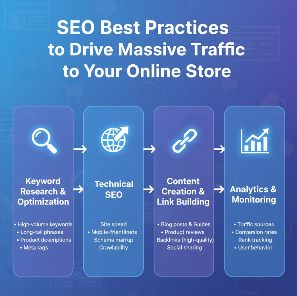SEO best practices to drive massive traffic to an online store.