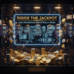 Illustration of a slot machine with coins and jackpot lights symbolizing a growing progressive jackpot.