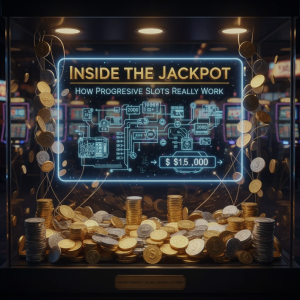 Illustration of a slot machine with coins and jackpot lights symbolizing a growing progressive jackpot.