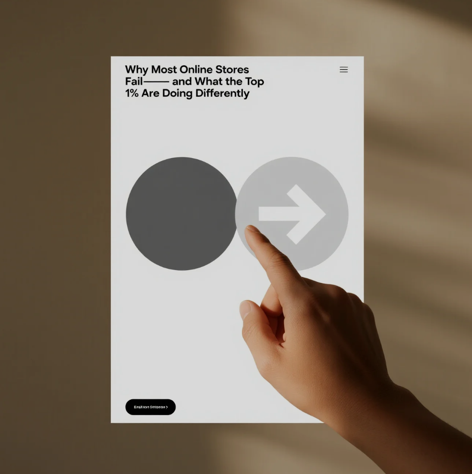 Graphic comparing failing online stores with top-performing eCommerce brands, highlighting growth strategies and conversion optimization