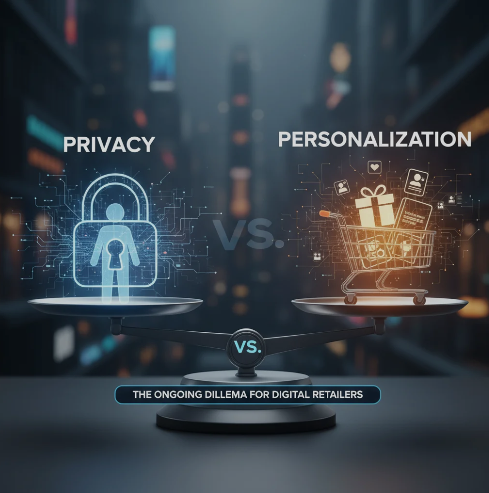 Digital retail dashboard with customer data and privacy shields representing personalization and privacy balance