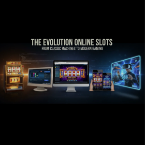 A split-image showing an old classic slot machine on one side and a modern digital slot interface on the other