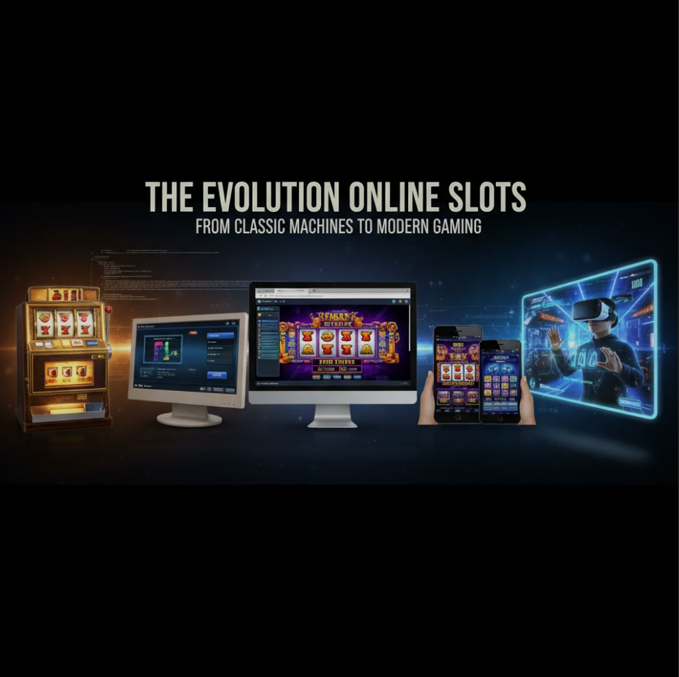 A split-image showing an old classic slot machine on one side and a modern digital slot interface on the other