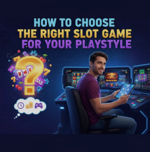 Player selecting between different online slot games with reels, symbols, and playstyle icons