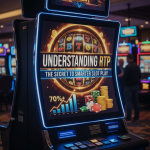 A digital slot machine screen highlighting RTP percentages with vibrant casino lights in the background