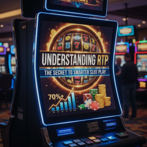 A digital slot machine screen highlighting RTP percentages with vibrant casino lights in the background