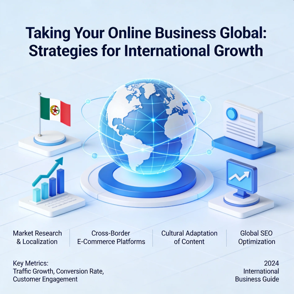 Global map with digital commerce icons representing international online business expansion