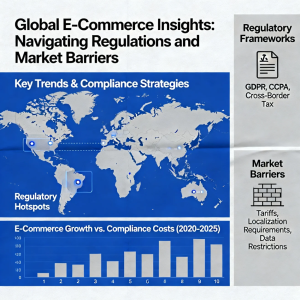 Global e-commerce concept illustration showing digital trade routes, regulatory symbols, and cross-border online shopping