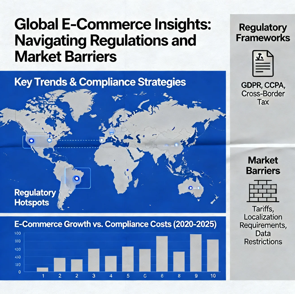 Global e-commerce concept illustration showing digital trade routes, regulatory symbols, and cross-border online shopping