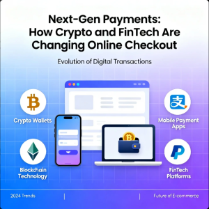 Digital online checkout interface showing crypto payments, mobile wallets, and fintech solutions