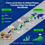 Global business team collaborating across countries with world map background representing brand expansion