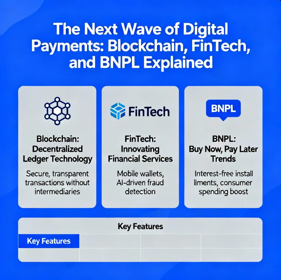 Digital payment interface illustrating blockchain networks, fintech apps, and BNPL checkout options