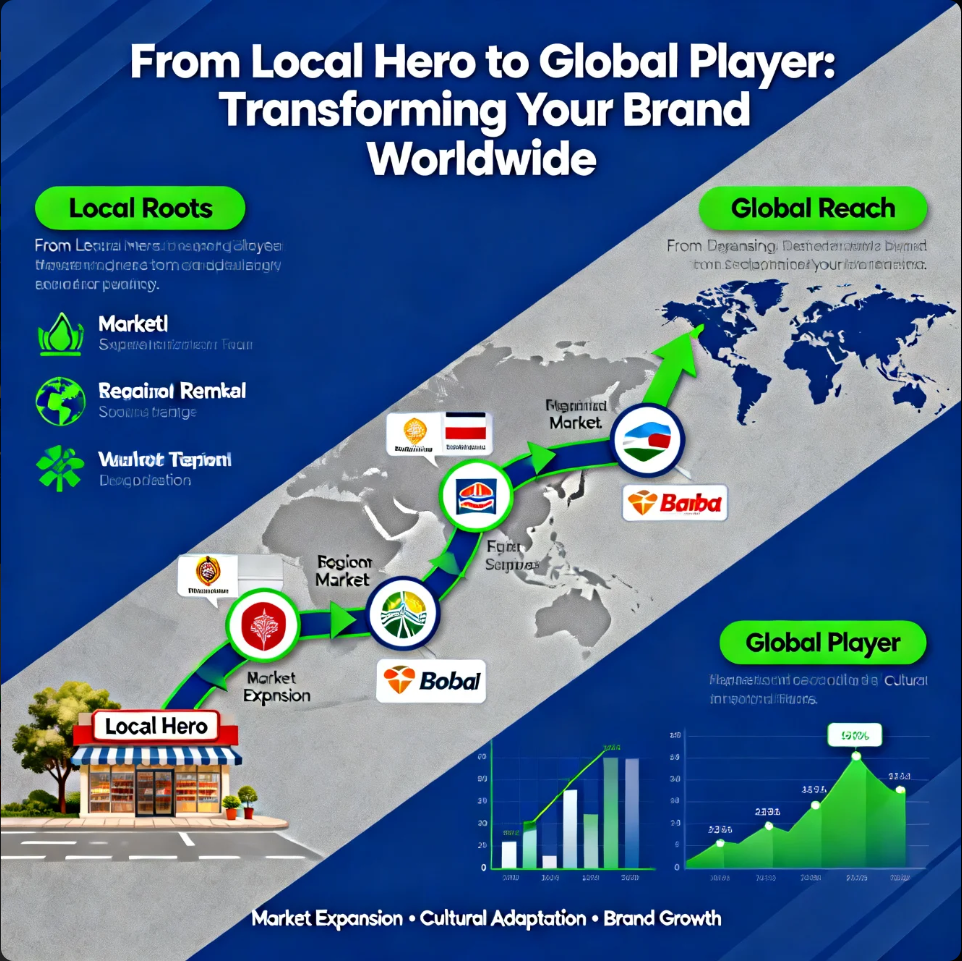 Global business team collaborating across countries with world map background representing brand expansion